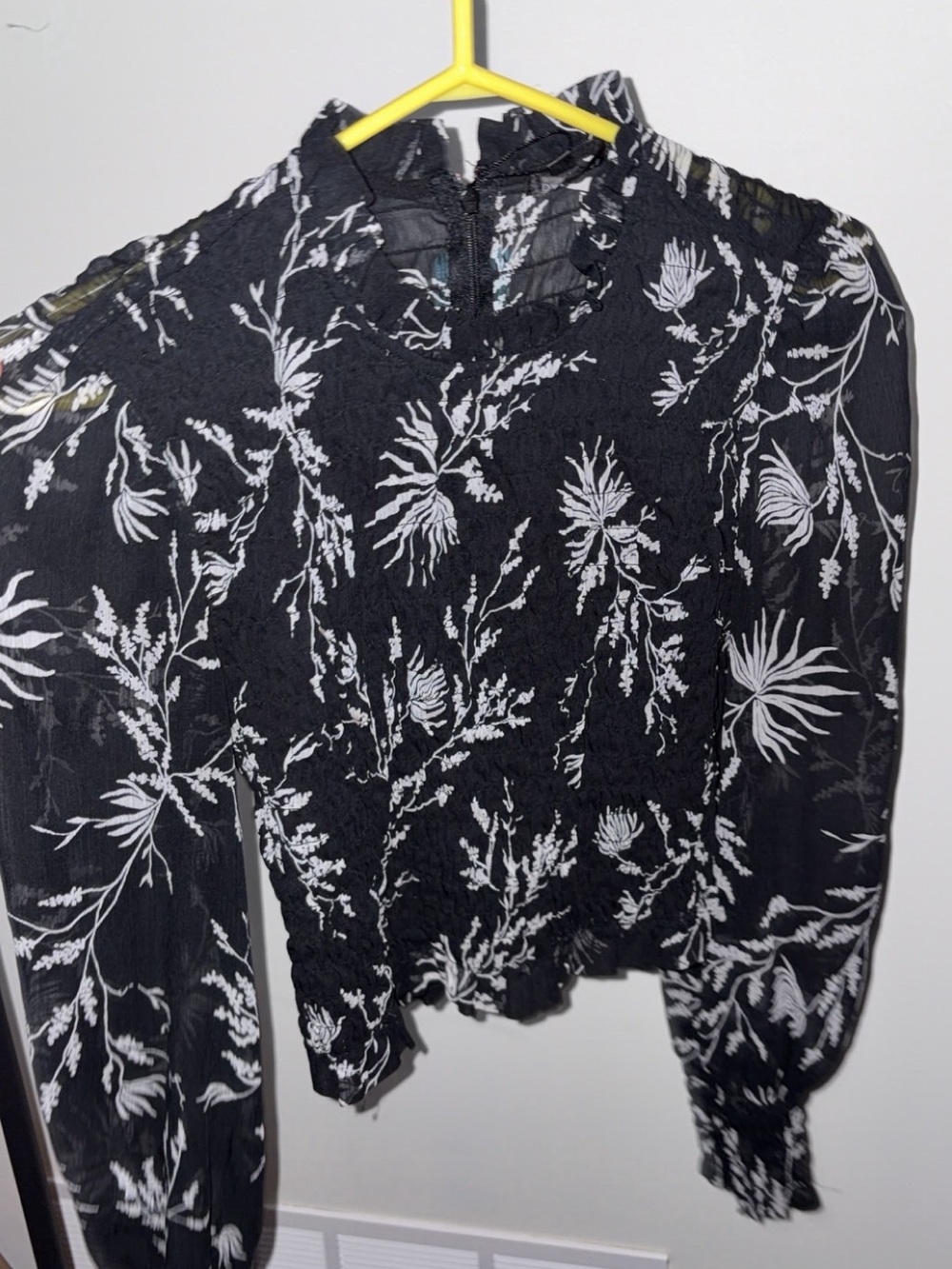 Dynamite Black Floral Smocked High-Neck Blouse